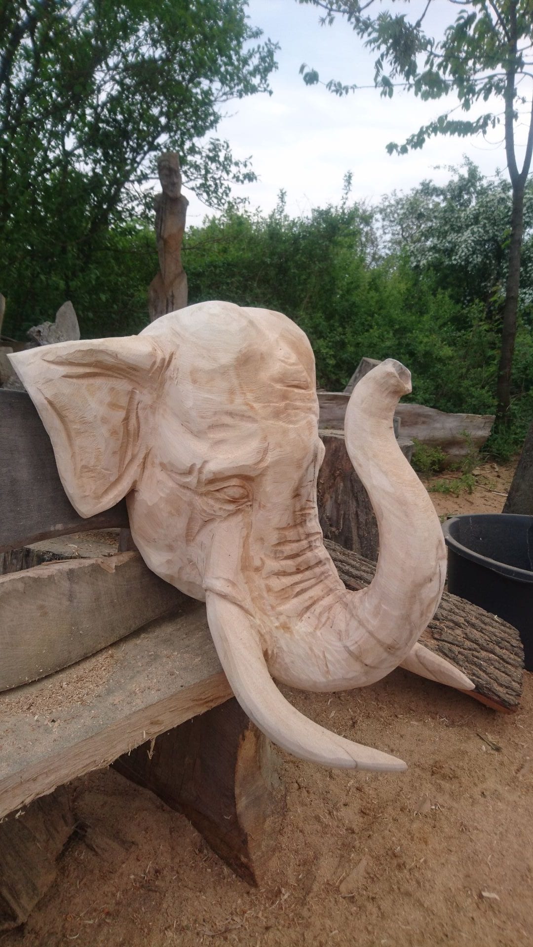Geschnitzte Figur aus Lindenholz | Ein Elefantenschädel auf einer Bank mit Blick auf die rechte Seite
